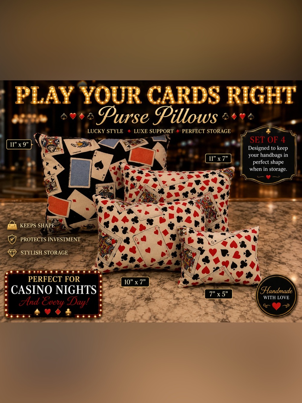 🎰 Handmade Casino Card Print Purse Pillow Set of 4 | Handbag Shapers